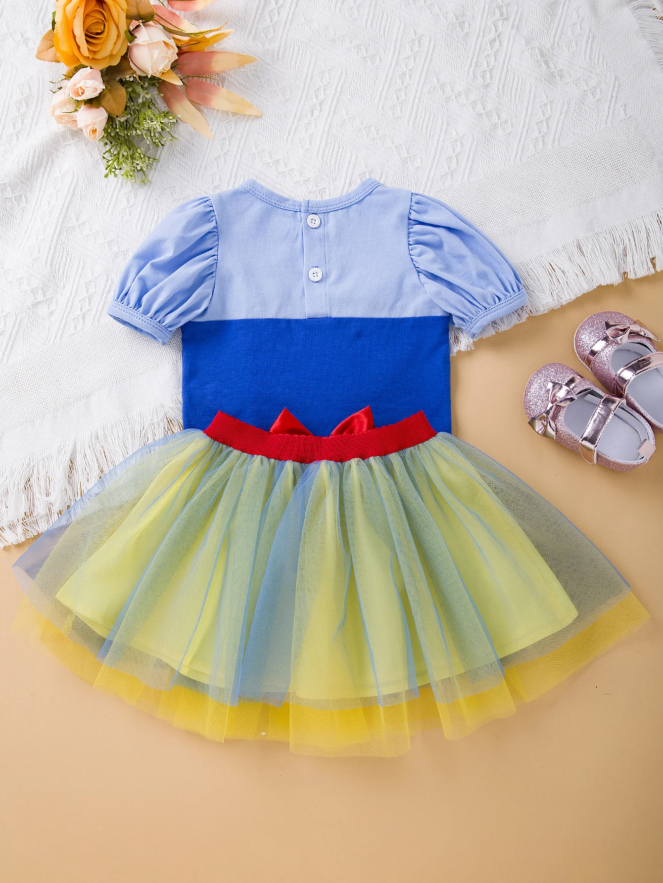 Baby Girl Spring Summer New Arrival Puff Sleeve Color-blocked T-shirt+Mesh Skirt Set Contrast Bow Decor Cute Daily Kids Outfit
