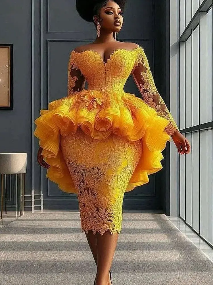African Aso Ebi Lace Prom Dress Tea-Length Orange-Gold Off Shoulder Long Sleeves Party Gown With Ruffles Peplum Customized