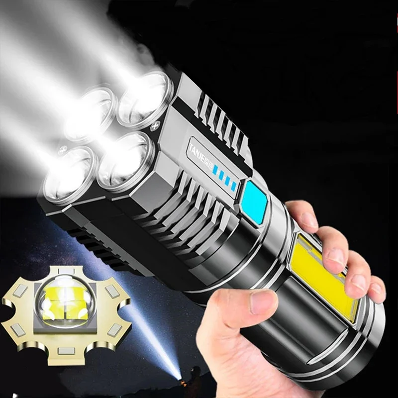 High Power LED Flashlights Camping Torch With 4 Lamp Beads And COB Side Light Rechargeable Portable Hand Lantern 4 Lighting Mode