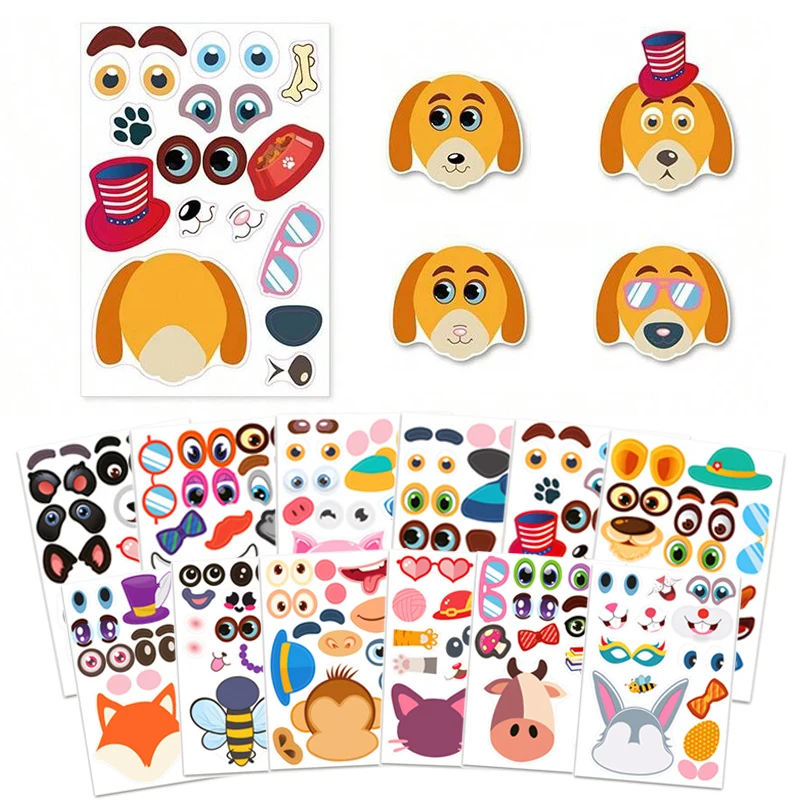 12pcs Make a Face Sticker Animal for Kids Facial Expression DIY Adhesive Stickers Waterproof Puzzle Developmental Toys TMZ