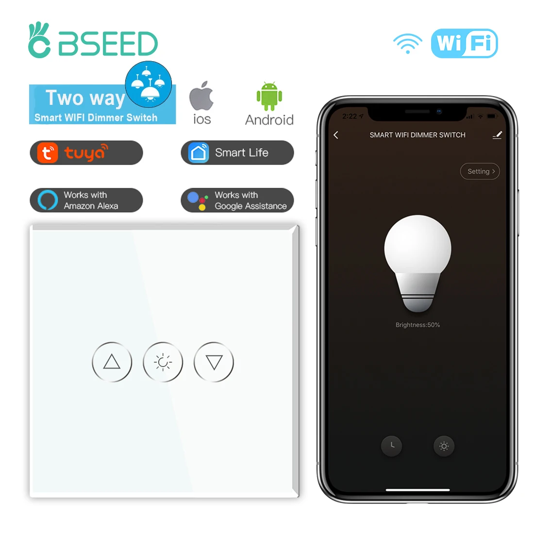 

BSEED 2/3Way WIFI Dimmer Smart Switch APP Multi-Control Dimmable LED Light Wall Touch Switch Alexa Google Home Tuya Glass Panel