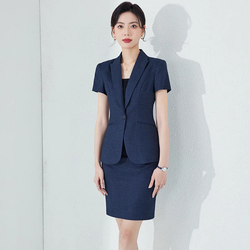 Blue Short-Sleeved Business Suit Suit Women's Thin Summer Formal Wear Jewelry Shop Wine Manager Real Estate Consultant Overalls