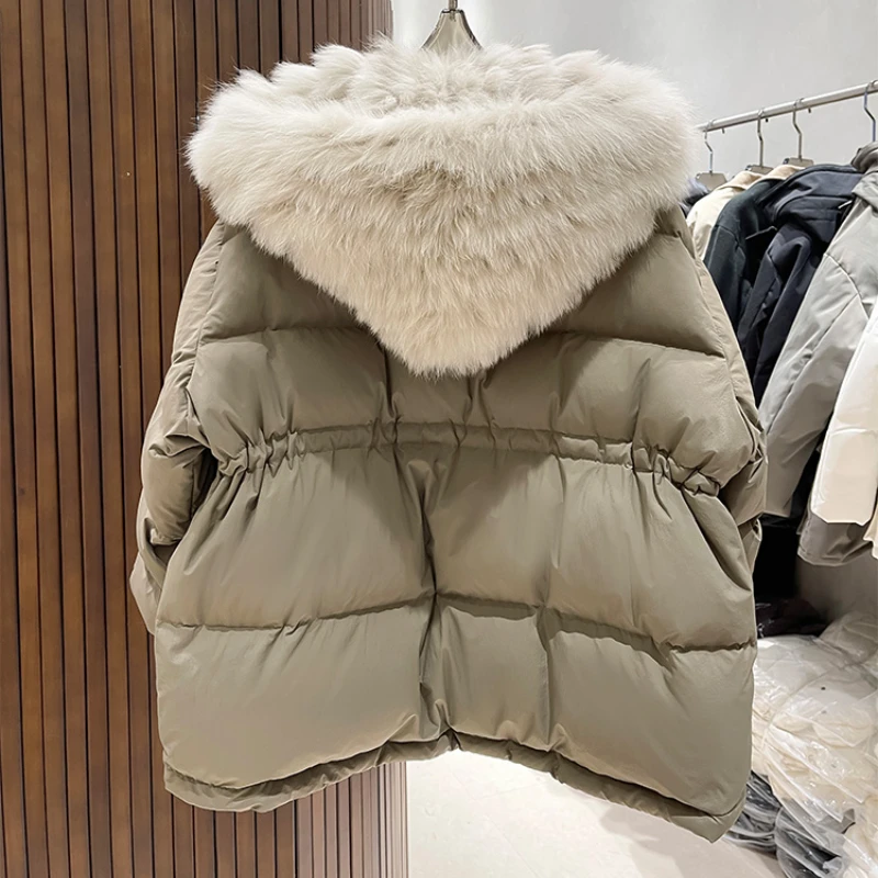 White Duck Down Jacket for Women, Thick Warm Hooded Coat, Real Fur Collar, Fox Hair Waisted Parka, Fashion, New, Winter, 2024