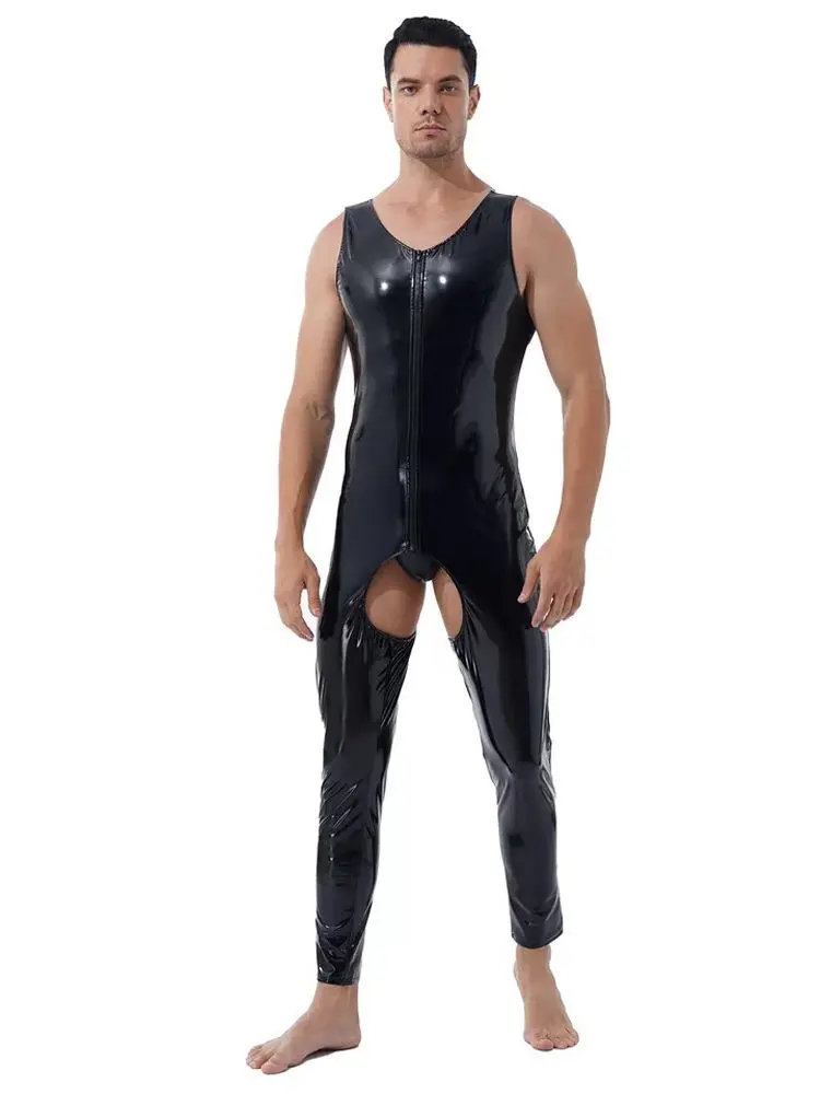 Unisex Sleeveless Wet Look PVC Catsuit Shiny PU Leather Crotchless Open Crotch Bodysuit Tights Sexy Cosplay Leotard Unitard Body