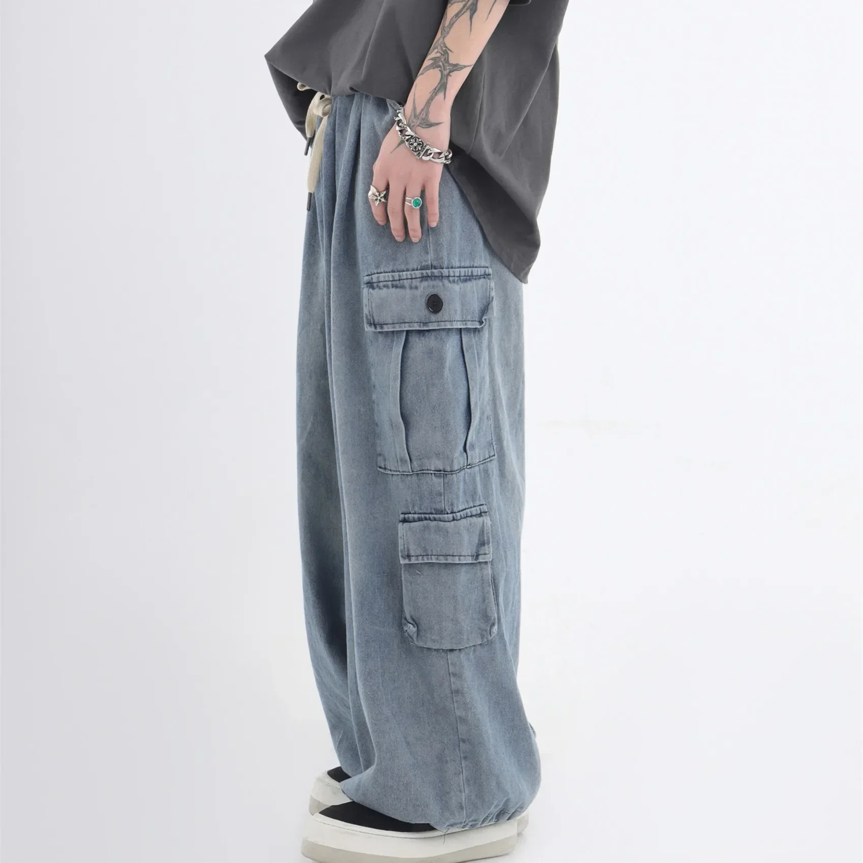 2024 Autumn/winter New  Stick-on Jeans Trendy National Style Hip Hop Couples Washing Loose-fit Wide-leg Trousers For Men Women