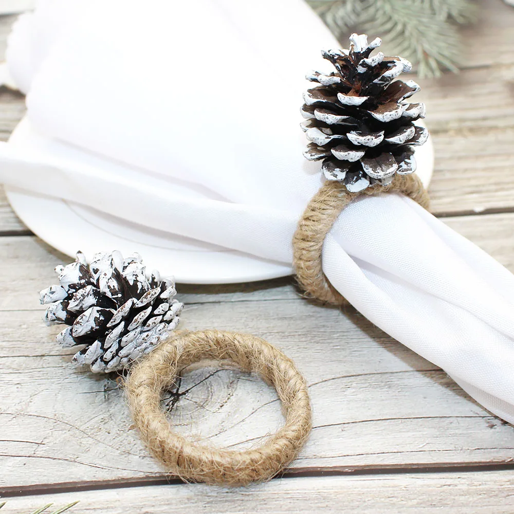 20Pcs White Pine Cones Napkin Rings Christmas Snow Pine Cone for Christmas Holiday Thanksgiving Wedding Table Decor ERC249