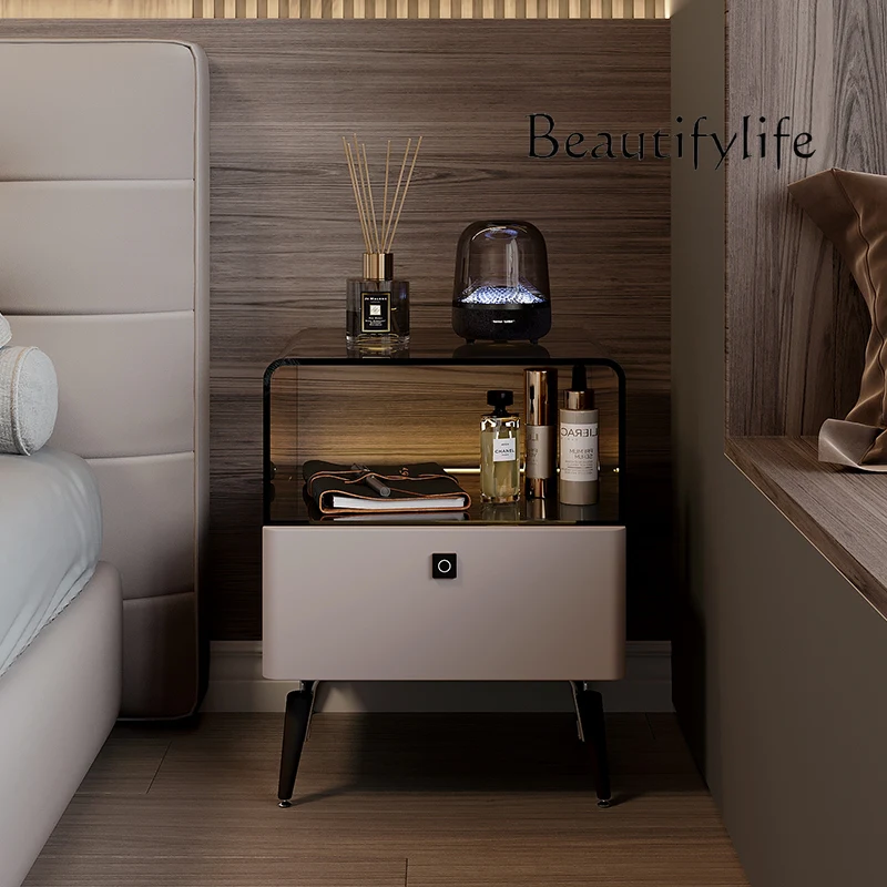 

Modern minimalist solid wood bedside table light luxury high-end bedroom small multi-functional storage