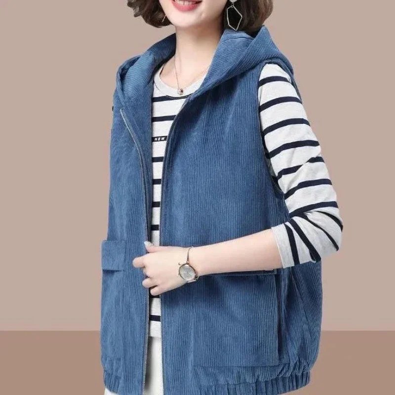 

Pop Corduroy Vest Women Short Coat Spring Autumn Now Casual Large Size Western Style Hooded Drawstring Loose Sleeveless Coat