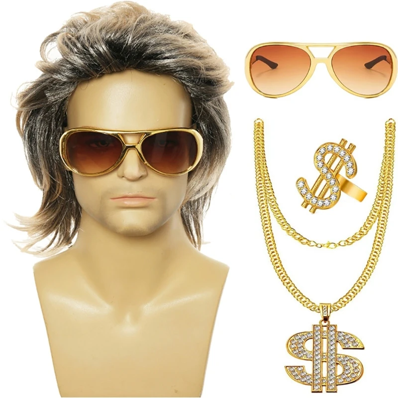 80s Disco Costume Set for Men Women 80s Costume Accessories Hippie Glasses Necklace Curly Rock Wig 80s Disco Theme Party