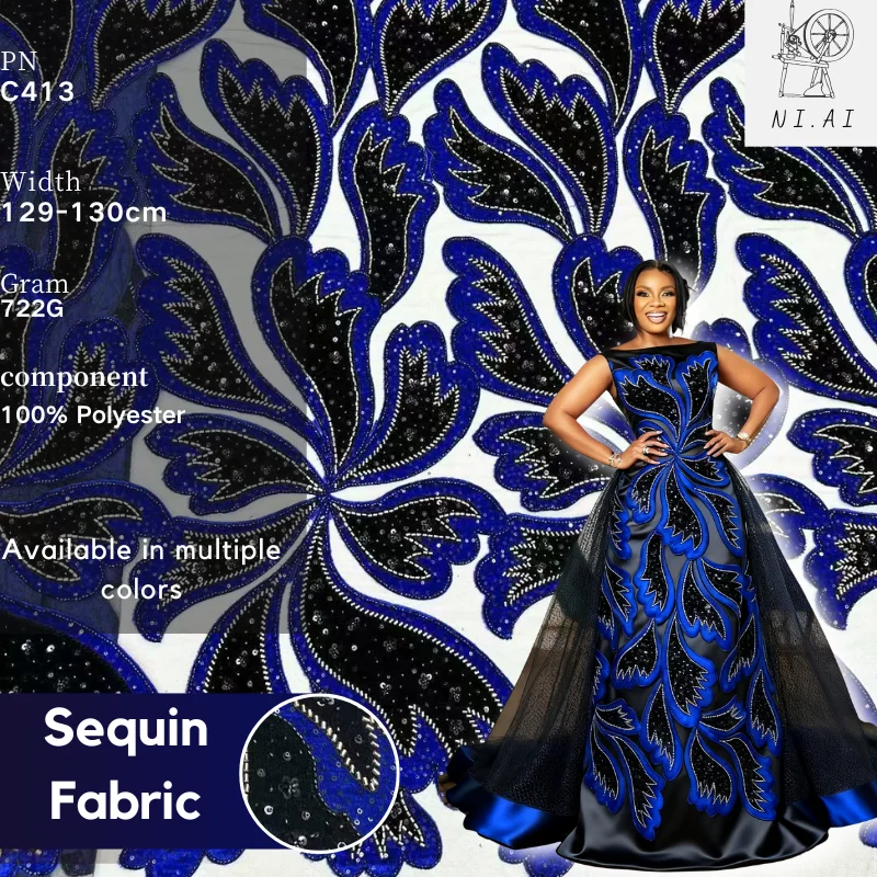 

Luxurious Floral Embroidered Mesh Lace Fabric Sequins Beads African French Tulle For Nigerian Wedding Dress Sewing 5 Yards