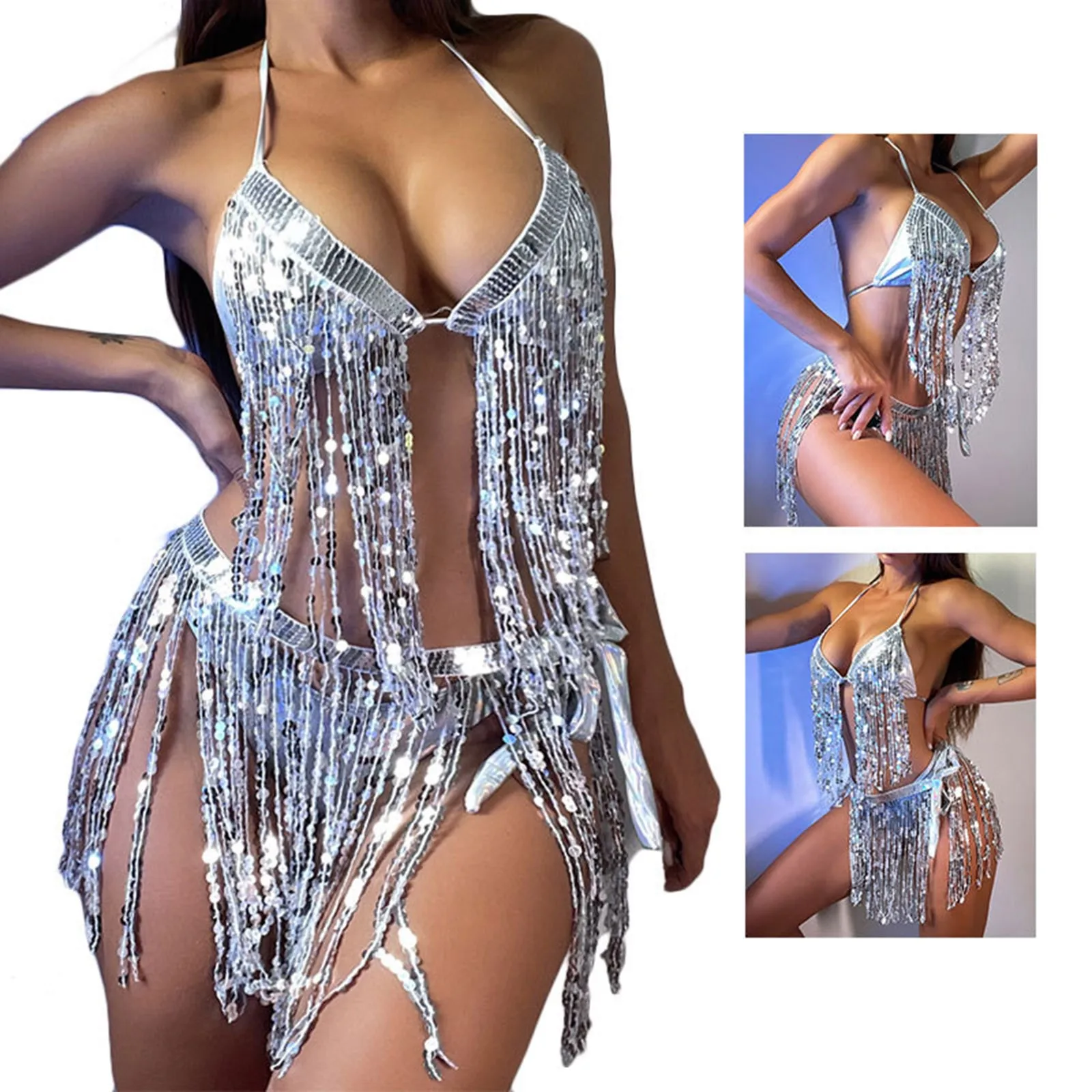 

2023 New Swimsuit Women's Sparkling Cloth Sexy Tassel Split Bikini