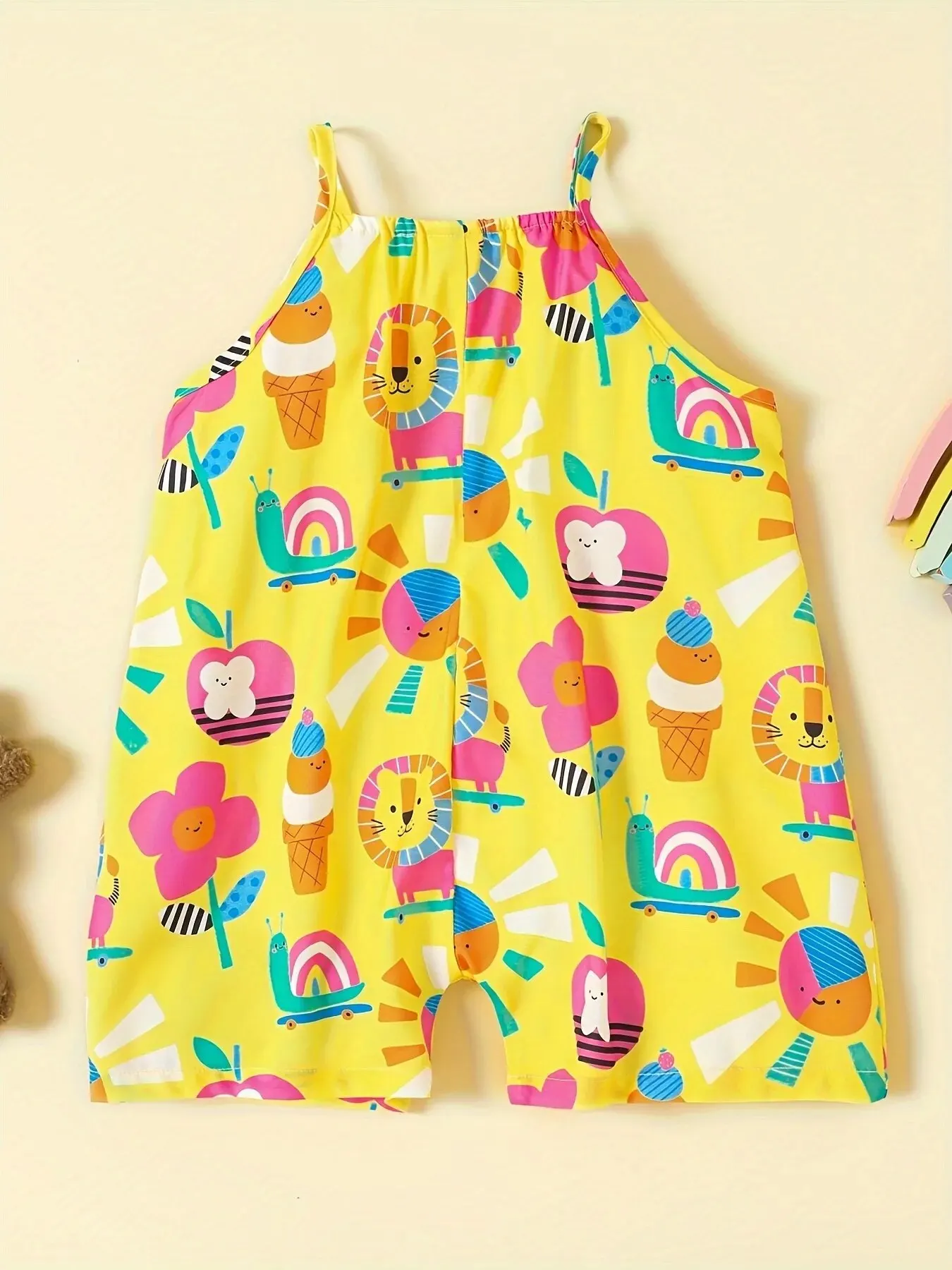 Summer Lightweight, Comfortable and Cute Cartoon Animal Print Button-Down Suspender Jumpsuit for Girls