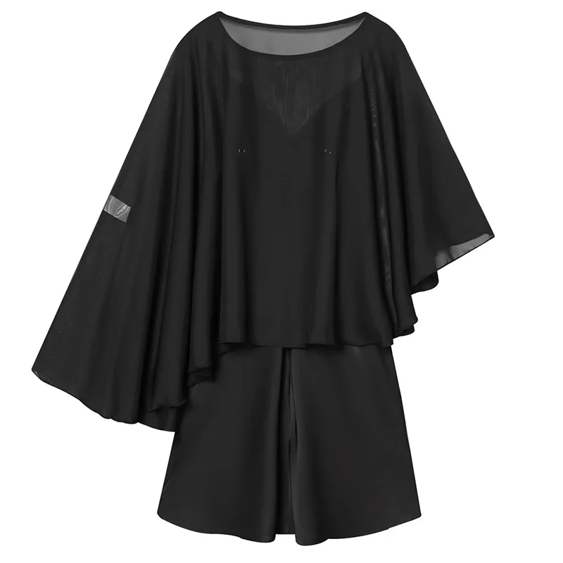 HXAO 2026 Asymmetrisches schwarzes Kleid für Damen, Cape-Stil, kurze Kleider, sexy, halbtransparente Nachtkleider für Damen, Tüll, Satin, Damenkleider