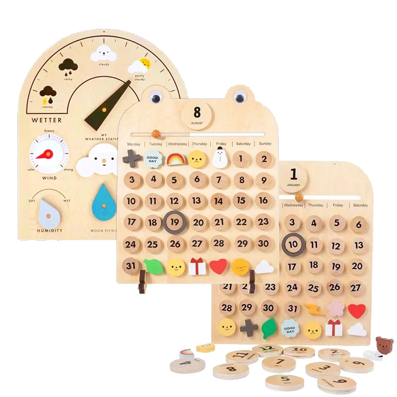 Kids Wood Magnetic Calendar Weather Station Board Weather Enlightening Early Education Calendar Wooden Educational Toy