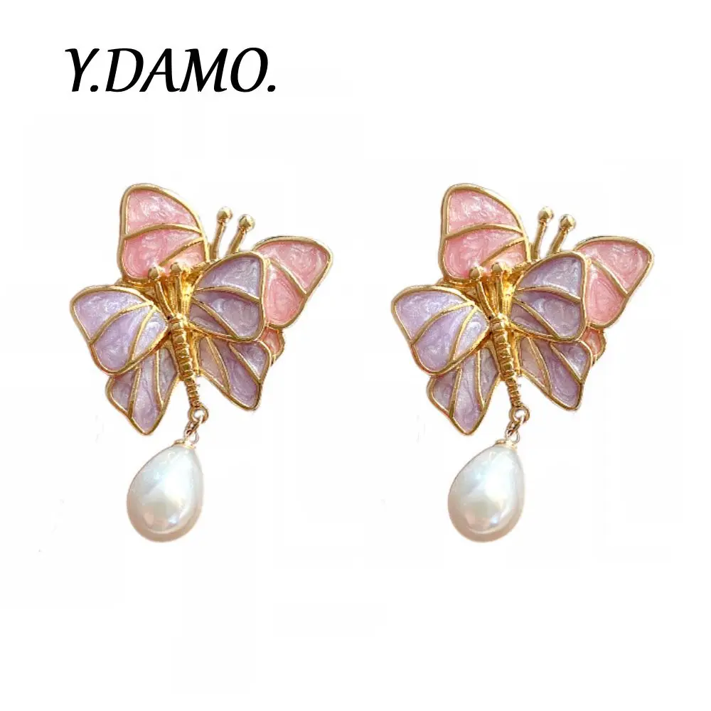 

Damo French Butterfly Earrings Freshwater Pearl Pink Purple Stainless Steel Women Jewelry Elegant Design Luxury Earrings Gift