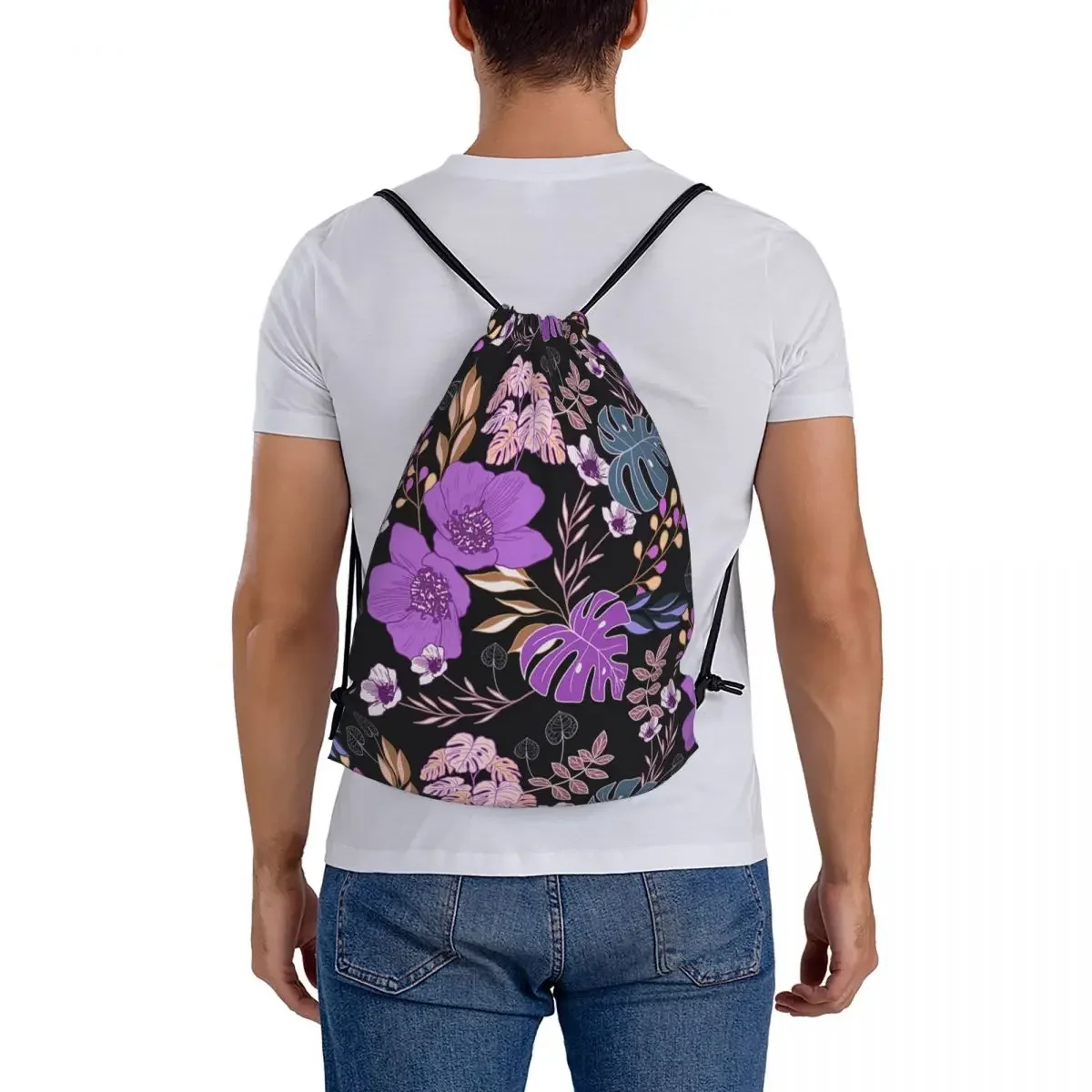 Spring Batik Floral - Black Backpacks Portable Drawstring Bags Drawstring Bundle Pocket Sports Bag BookBag For Travel Students