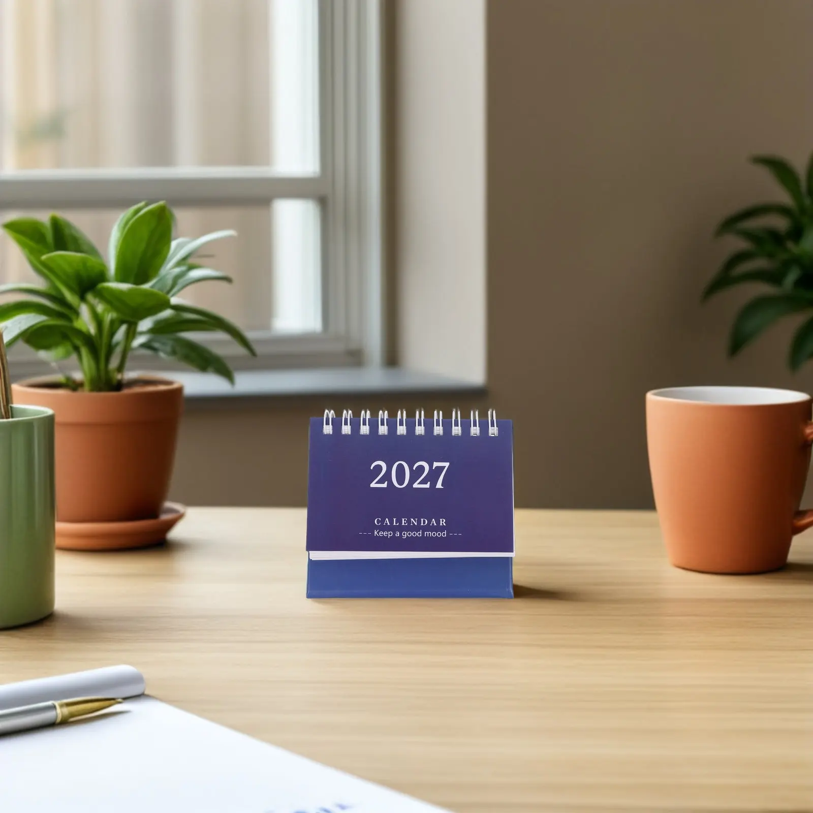 Mini Desktop Calendar 2027 Dark Blue Small Flip Standing Daily Planner Office School Home Twin-Wire Binding Convenient Portable