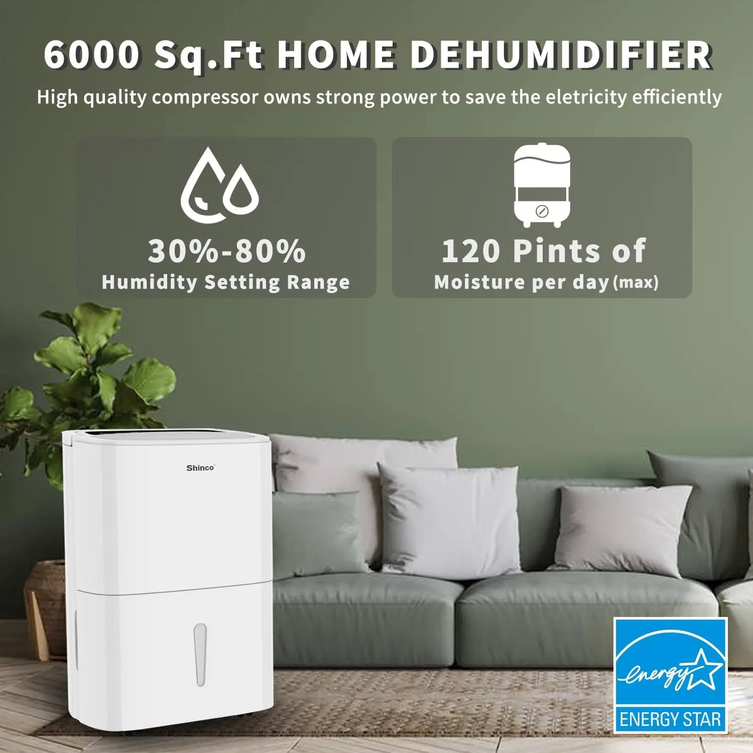 Dehumidifier for large rooms and home basements with efficient dehumidification and adjustable humidity control