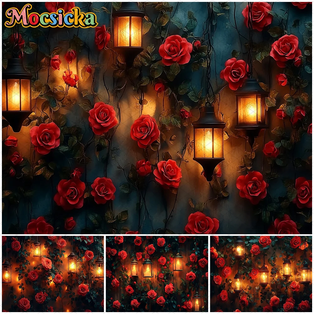 

Mocsicka Valentine's Day Photo Backdrop Art Romantic Red Rose Love Retro Black Lantern Decoration Wedding Photography Background