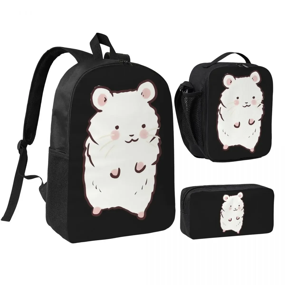 Cute Hamster Drawing Backpack Student BookBag School Bag Shoulder Bags 3ps Insulated Lunch Bag Pencil Case