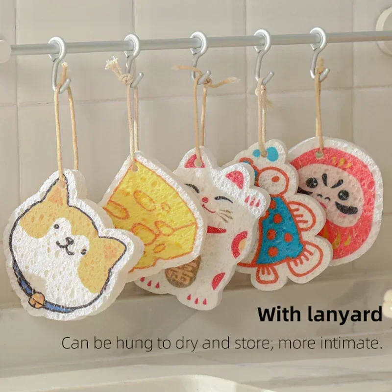 SHIMOYAMA Magic Cleaning Sponge Cartoon Animal Compressed Wood Pulp Scouring Pads Kitchen Non-stick Oil Dishwashing Rag Tools