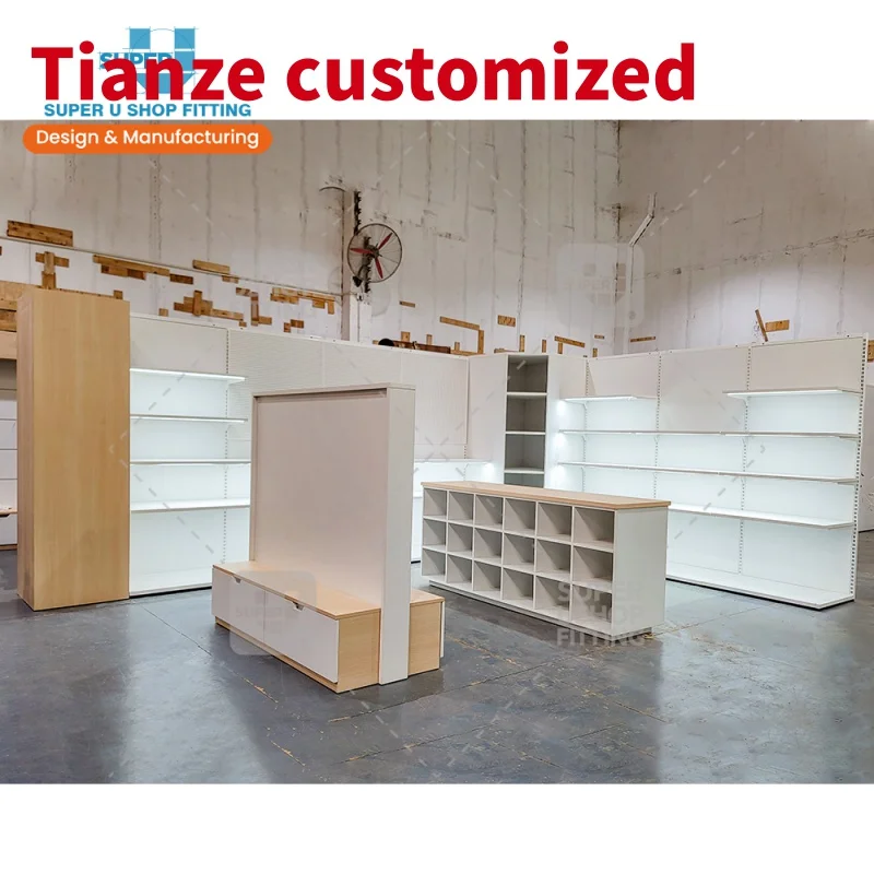 (customized)Supermarket Shelves Design Retail Shop Equipment Single Side Display Racks Gondola Wood Supermarket Shelves with Lig