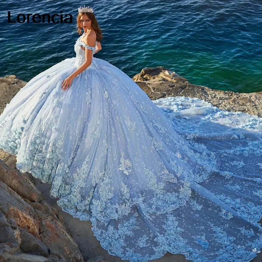 LorstudShiny Blue Quinceanera fur s, Robe de Rh, Appliques en dentelle, Poignées perlées, Traîne amovible, Mexique, Sweet 16, Robe éducative, 15 ans, YQD734