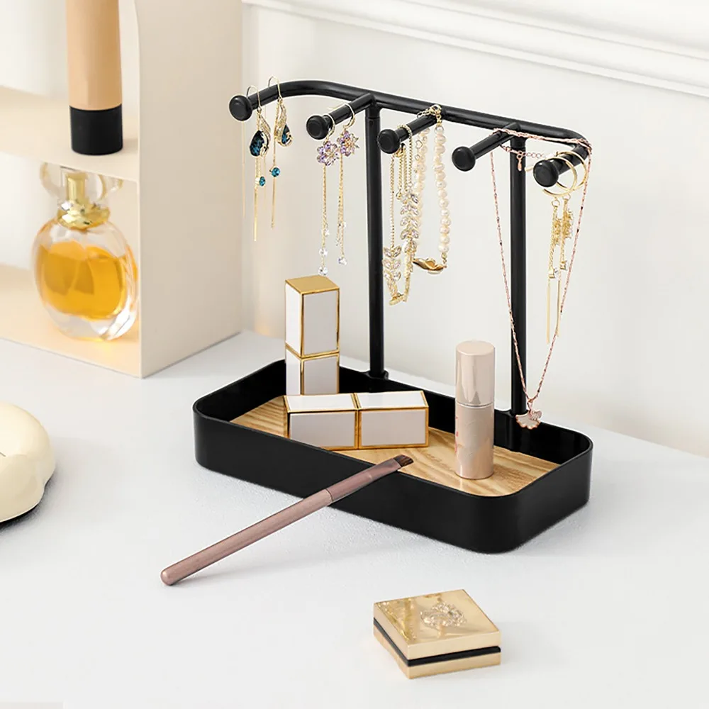 

Earring Holder Plastic Jewelry Stand Multifunctional Black Jewelry Organizer Wooden Tray Space Saving Jewelry Rack Desktop Use
