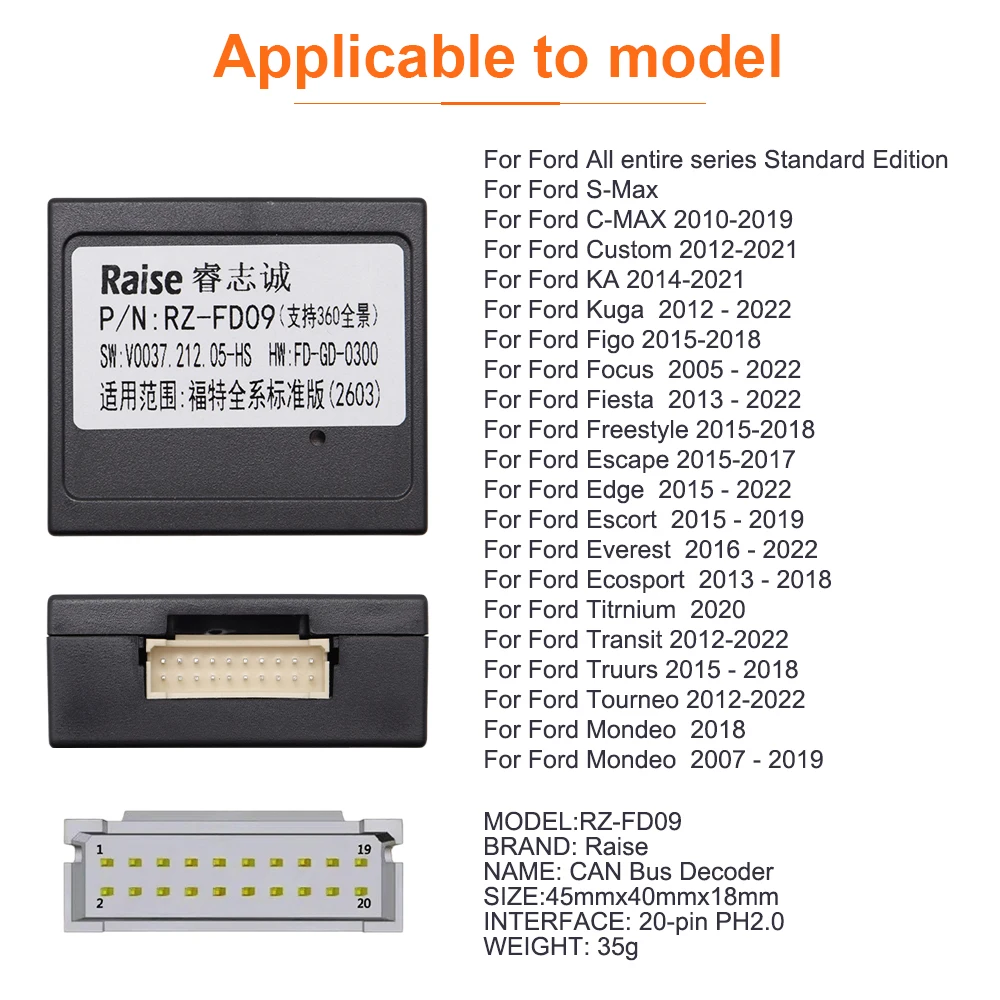 Car Radio Connector Raise RZ-FD09 Canbus Decoder for Ford Escape