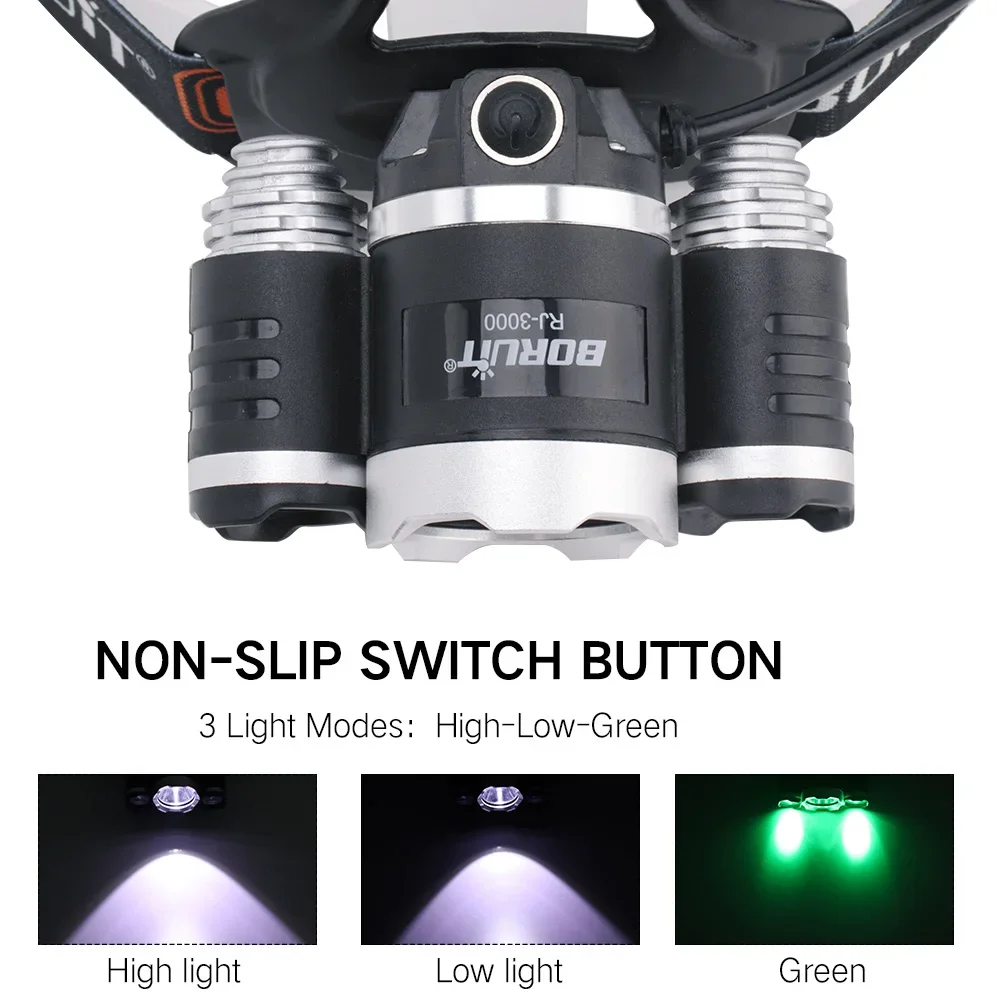 BORUiT RJ-3000 Green LED Headlamp 3000LM Powerful USB-Type-C Rehargeable Headlight Waterproof Camping Fishing Head Torch