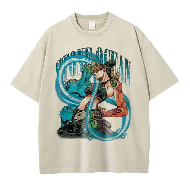 Camiseta de JOJO Bizarre Adventure para hombre y niña, camisa Vintage lavada de JOJO Kuujou Jolyne, ropa de calle de Manga, Tops de océano de piedra