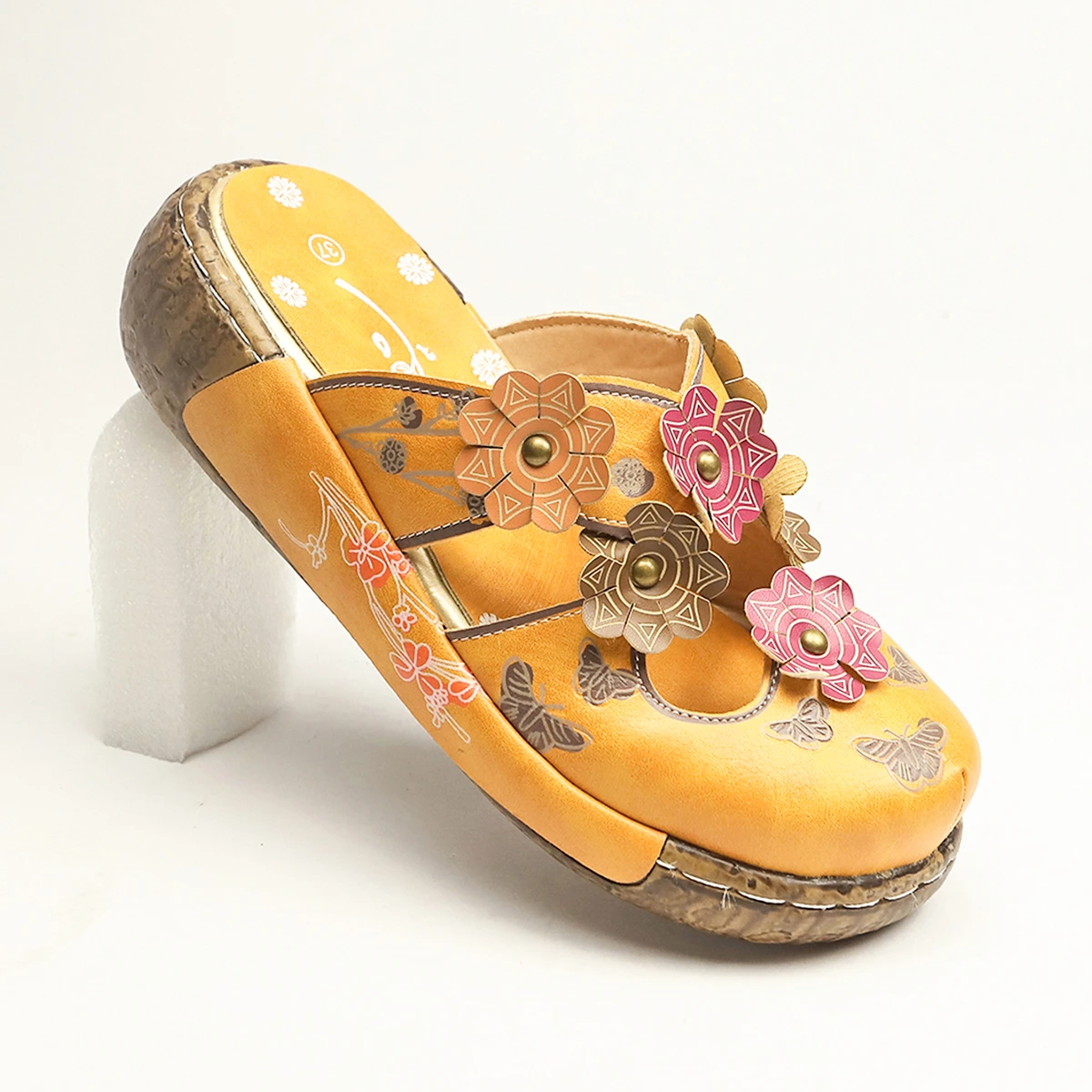 Spring and Summer Retro Floral Plus-Size Thick-Soled Outdoor Slip-On Sandals, Closed-Toe Half-Slippers for Women