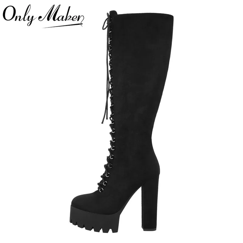 

Onlymaker Women Platform Over The Knee Boots Black Flock Chunky Heel Side Zip Plus Size Party Dress Winter Boots Shoes