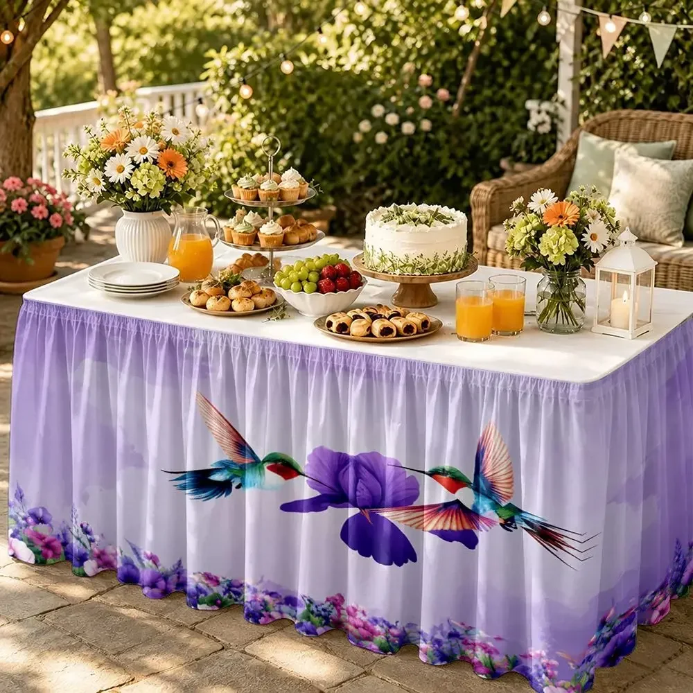 1 table skirt, 2D print, two hummingbirds wrapped around purple flower pattern