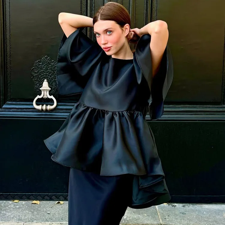 

Fashionable Style Loose Round Neck Solid Color Satin Women's Top 2026 Summer New Style Elegant Ruffle Edge Casual Versatile Top