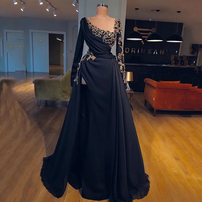 BridalAffair Arabic A Line Evening Dress Long Sleeves Morocco Satin High Split Lace Appliques Prom Dresses Long Women Party Gown