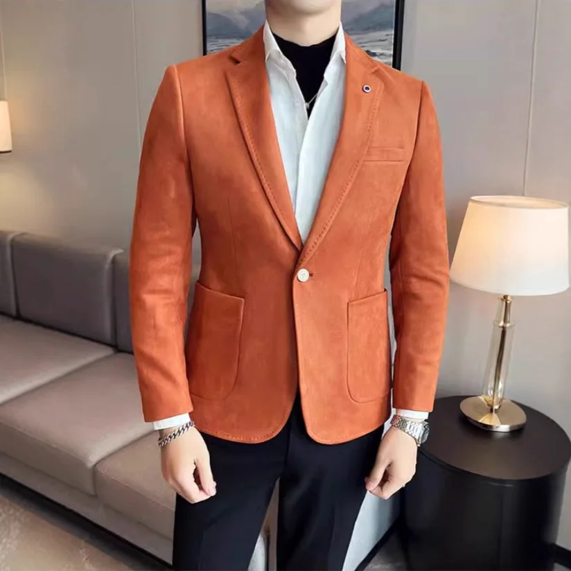 

Мужской приталенный замшевый деловой пиджак на осень-зиму, зеленый, модный, на одной пуговице