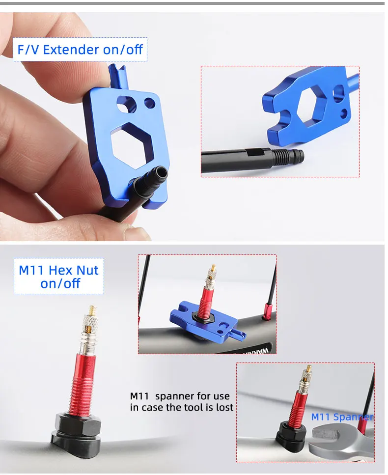 Fahrradventilwerkzeug Schrader Presta Kernschlüssel A/V Nipper Spanner F/V Extender Überholung Installation Service Eloxiertes Alaun. Legierung – Detail 4