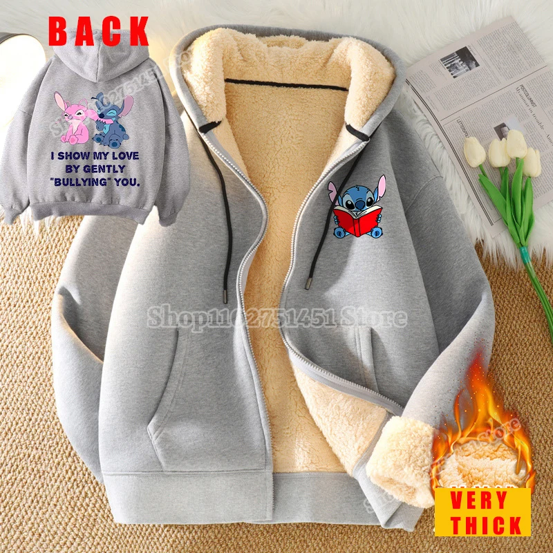 Disney Stitch Print Winter Coat for Men Women Lamb Wool Overcoat Cartoon Thicken Warm Clothing Cute Outerwear Christmas Gift