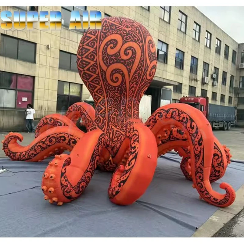 Outdoor Big Inflatable Orange Octopus Black Totem Pattern Sea Animal Model for Carnival Aquarium Mall Exhibition Decor