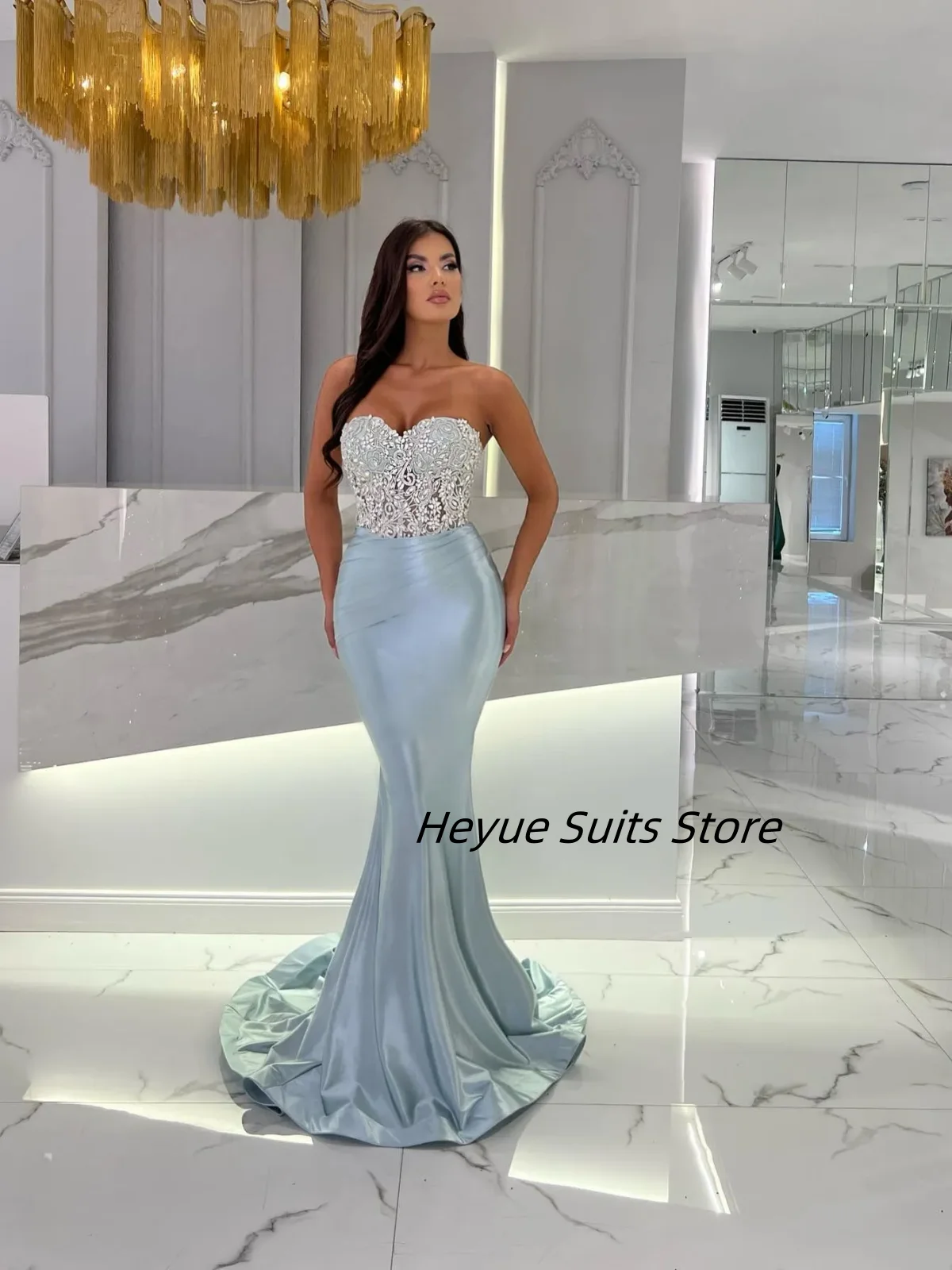 Customized Elegant SkyBlue Pleated Mermaid Evening Dresses Quinceanera Sexy Sweetheart Neckline Party Dress Gowns tidos de novia