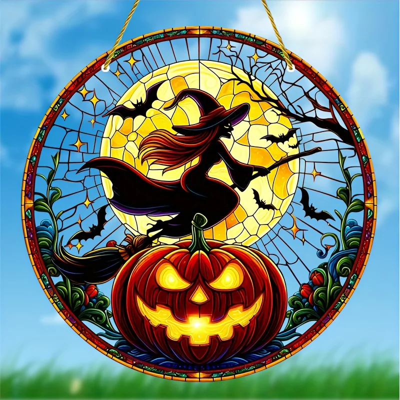 Halloween Witch with Full Moon Catcher-Stained Glass Window Decorations- Perfect Gifts, Wall Art, Garden, Porch, Room Decoration