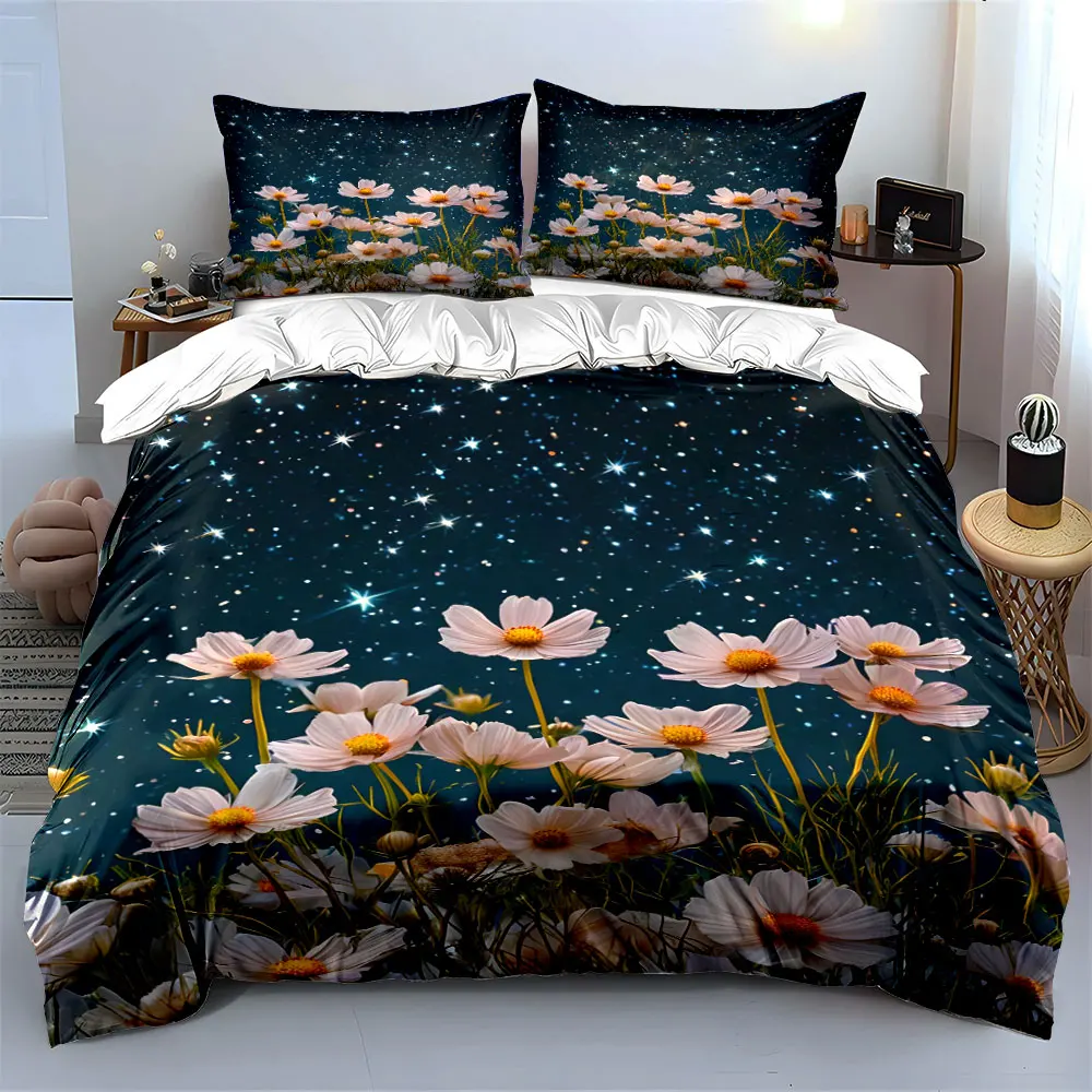 White flowers bloom under stars Bedding Set for Kids Luxury Gift 3pcs Digital Print Comforter Set Soft Comfortable Breathable