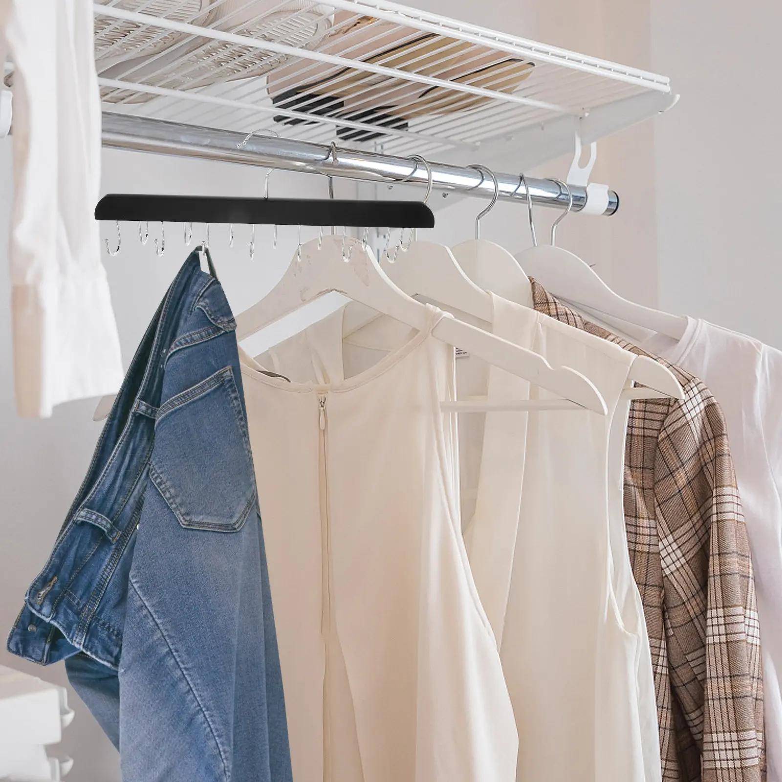 Wooden Pants Hanger with Hooks for Jeans Space Saving Clothes Organizer Heavy Duty Closet Rack Jean Hangers for Closet view 5