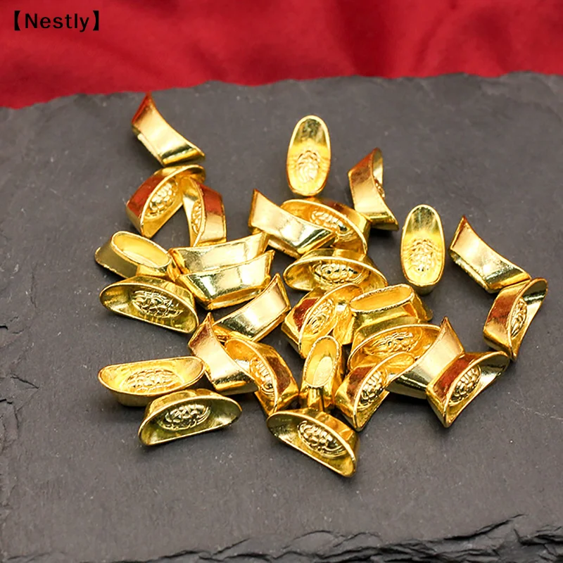 10pcs Ingot Gold Chinese Yuan Bao Wealth Golden Statue Ingots Decor Ornament Decora Year New Bar Lucky Money Prosperity〔Nest〕