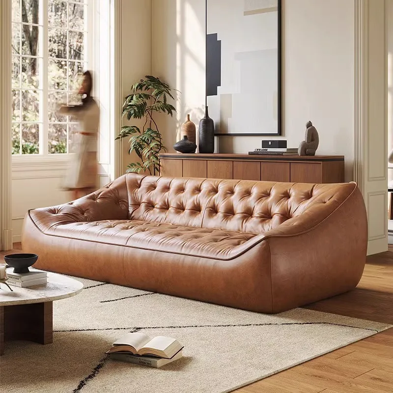 

Винтажный кожаный диван в стиле середины века, из вощеной кожи, из натуральной коровьей кожи высшего качества, прямой и кресло-мешок, для гостиной, для больших и малых помещений