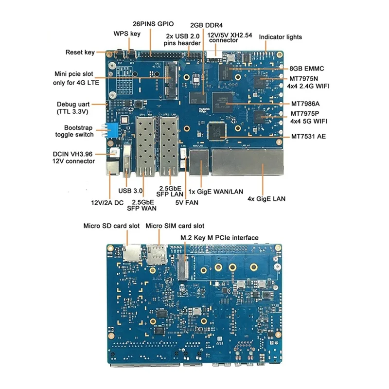 

For Banana PI BPI-R3 MT7986 2G+8G EMMC Development Board with 256G SSD+4G Module+Case+8XAntennas+Heat Sink+Power EU Plug