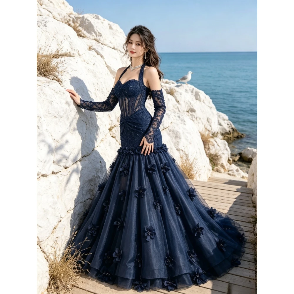 Customized Light Luxury Sequin Suspender Mermaid Dress 2026 Backless Detachable Lace Cuff Flower Ball Dress Suitable for Parties