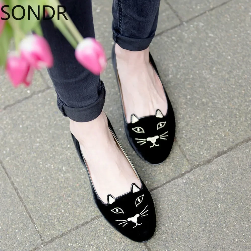 Womens Round Toe Velvet Leather Embroidery Cat Loafer Espadrille Slip On Low Heel Shoes Casual Plus Size 2Colors