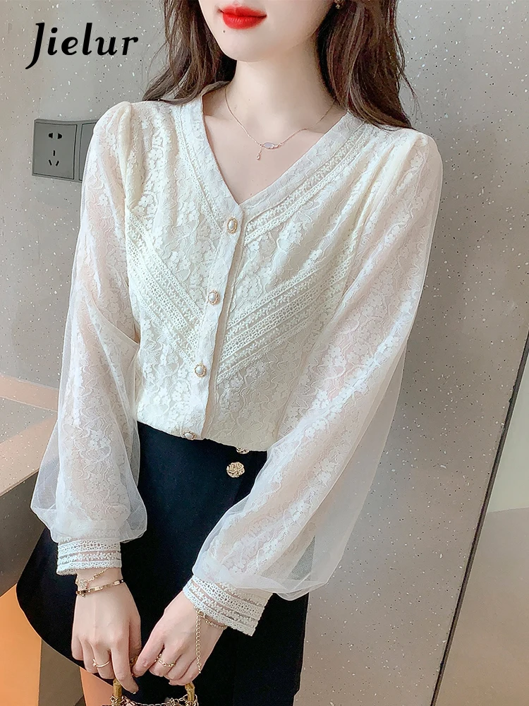 Jielur Autumn New Solid Color Slim Lace Women Shirt Sweet Ladies Elegant Chiffon Shirt Woman Apricot Long-Sleeved Top Female